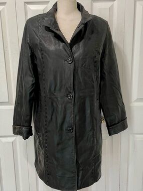 A&S Selections Black Leather 3/4 Length Coat with woven leather detailing